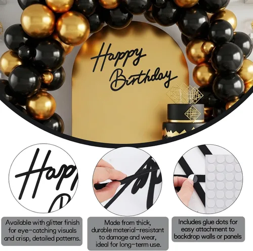 Miniatura 3 de TONIFUL Cartel de feliz cumpleaños para telón de fondo, pancarta de fieltro negro, incluye pegamento de puntos, perfecto para telón de fondo