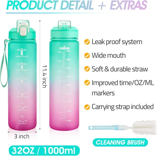 Miniatura 5 de YC Kitchen - Botella de agua motivacional con marcador de tiempo - Botellas de agua de 32 onzas con horarios para beber, botella de agua deportiva a