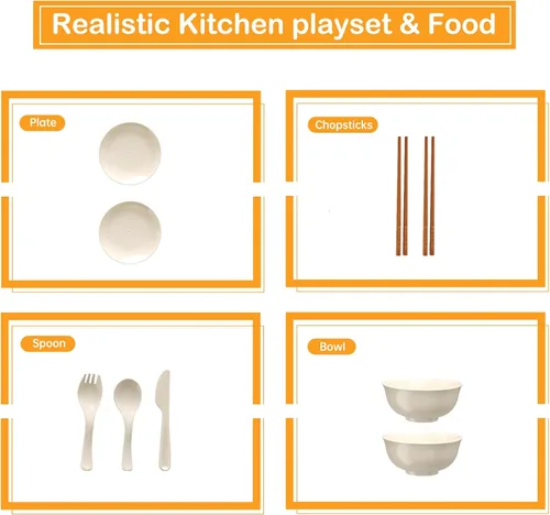 Miniatura 6 de Bruvoalon Juego de 32 juguetes de cocina para niños, accesorios de cocina con ollas, sartenes, utensilios de cocina, alimentos, verduras enlatadas