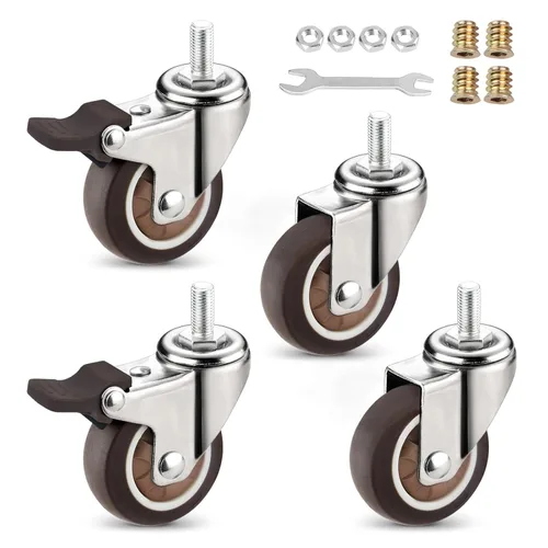 Miniatura 7 de Ruedas de muebles de perfil bajo de 1.25 pulgadas, ruedas de goma giratorias silenciosas con vástago M6x15mm roscadas, capacidad de carga de 150