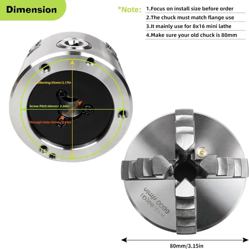 Miniatura 3 de RATTMMOTOR - Portabrocas de torno de 76 mm de 4 mandíbulas autocentrante de 3" K12-80mm, 6600R/Min 40N.m 10KN, Portabrocas de torno de precisión