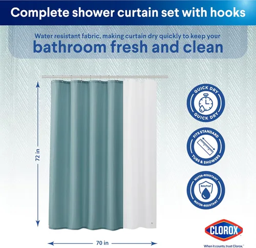 Miniatura 2 de CLOROX Cortina de ducha para baño con juego de forro de PEVA impermeable y liviano, tamaño estándar para baño, con imanes con peso y 12 ganchos