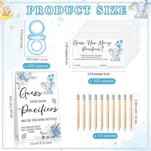 Miniatura 2 de Roowest 512 piezas de juegos de baby shower Adivina cuántos chupetes firman 100 pequeños juegos de adivinanzas, 10 lápices HB, botella de leche