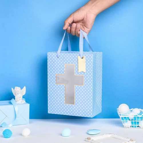 Miniatura 4 de Loveinside Bolsa de regalo azul, bolsa de regalo con diseño de cruz religiosa y puntos con papel de seda, etiqueta para bautismos de bebé, baby