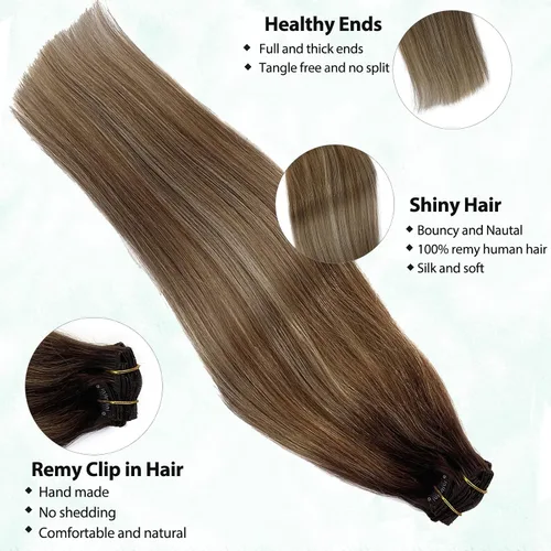 Miniatura 2 de Extensiones de cabello con pinza Valiilo, cabello humano, 70 g, 7 unidades, estilo balayage, color nogal marrón a marrón ceniza y rubio medio