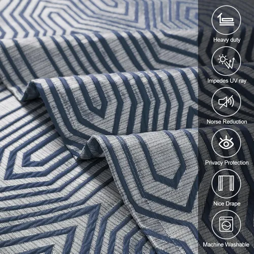 Miniatura 5 de Cortinas de patrón geométrico jacquard 100% opacas color azul índigo y plateado, 2 paneles de 52 pulgadas de ancho y 84 pulgadas de largo