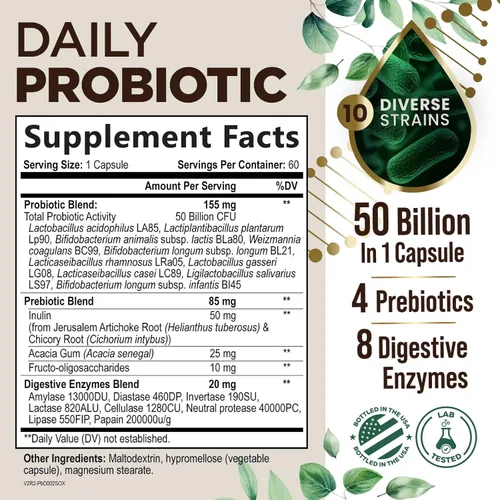 Miniatura 2 de Probióticos 50 mil millones de UFC por porción – 10 cepas + prebióticos – Salud digestiva, intestinal e inmunitario – Apoyo ocasional