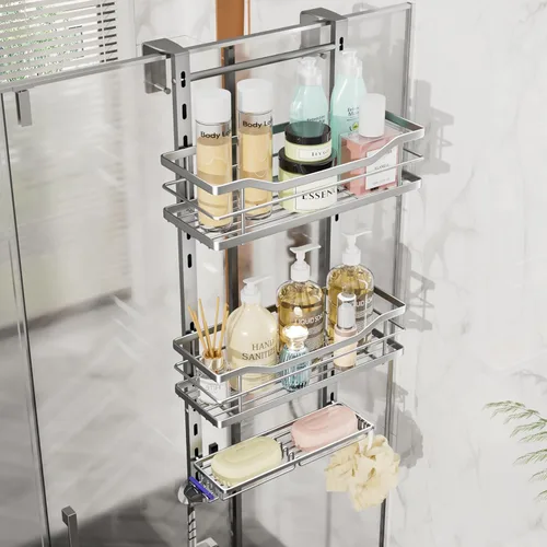 Miniatura 13 de SWTYMIKI Organizador de ducha ajustable de 3 niveles para colgar con soporte para jabón, estante de baño de acero inoxidable sin taladrar