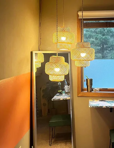 Miniatura 3 de Lámpara colgante de ratán para enchufar, con cable de enchufe, lámpara colgante de bambú regulable, tejida a mano estilo bohemio, pantalla