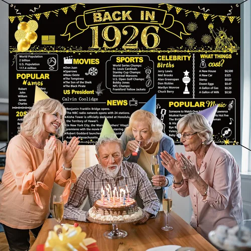 Miniatura 5 de DARUNAXY 100 cumpleaños de oro negro decoración de fiesta, pancarta de "Back in 1926" póster de fiesta de 100 años suministros, 6x3.6 pies gran