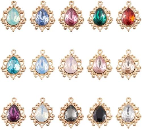Miniatura 27 de Cheriswelry 48 colgantes de diamantes de imitación de resina en forma de lágrima con ajustes de latón dorado con diamantes de imitación facetados