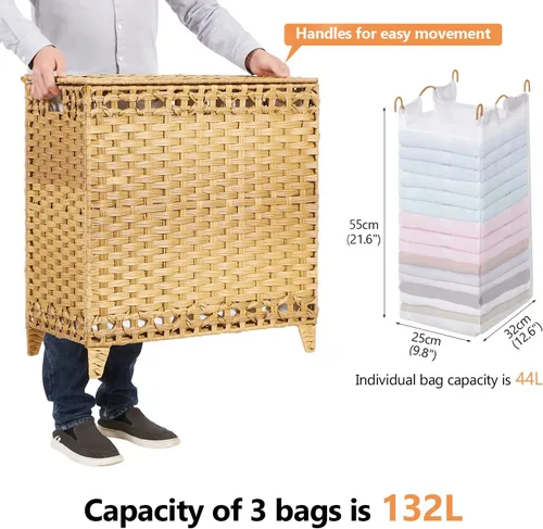 Miniatura 4 de Cesta para ropa sucia con 3 bolsas de forro extraíbles; cesta de lavandería de ratán tejida a mano de 132L con tapa y pies elevados; cesta de ropa