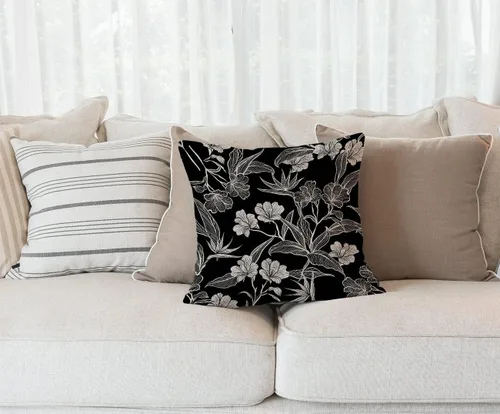 Miniatura 2 de Solekla Funda de almohada cuadrada de lino y algodón con flores blancas y negras, funda de cojín decorativa para sofá de 18 x 18 pulgadas Sl157