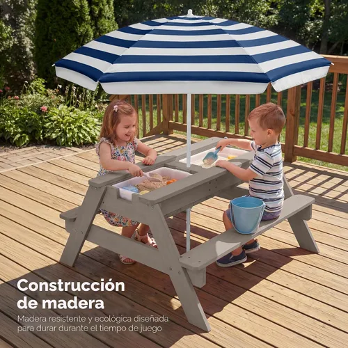 Miniatura 5 de Best Choice Products Mesa de arena y agua 3 en 1 para niños, mesa de picnic convertible de madera para exteriores con paraguas, 2 bandejas, parte