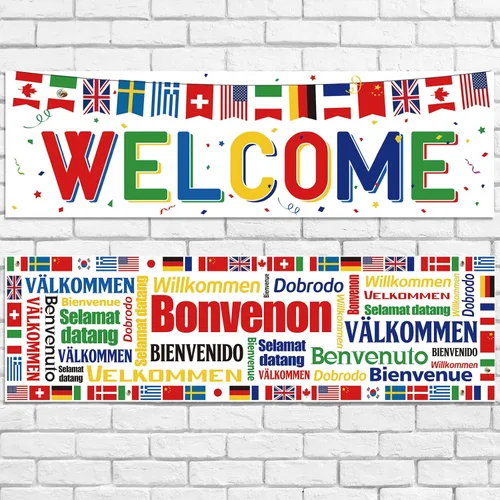 Panelee 2 pancartas de bienvenida internacionales de 13.8 x 43.3 pulgadas, banderas del mundo de poliéster, banderas de país, decoración para Blanco