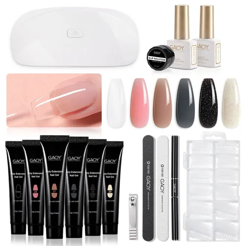 Miniatura 8 de GAOY Kit de uñas de gel de poliéster con kit de inicio de luz UV, kit de extensión de gel constructor de 6 piezas para principiantes con todo arte