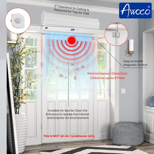 Miniatura 4 de Awoco Elegant - Cortina de aire interior de 2 velocidades de 25,5 m³/min / 900 CFM con interruptor de puerta magnético de fácil instalación