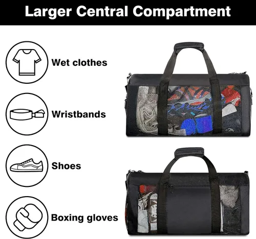 Miniatura 3 de Bolsa de boxeo de malla con correa de hombro desmontable, bolsa de lona transpirable para ropa y equipo sudoroso, bolsa de entrenamiento duradera