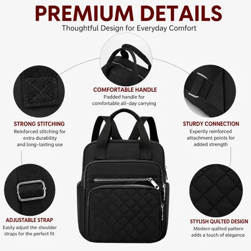 Miniatura 4 de Mochila pequeña para mujer, casual, acolchada, cuadrada, impermeable, con múltiples bolsillos, ligera, asa superior, Negro, Pequeño, Mochilas
