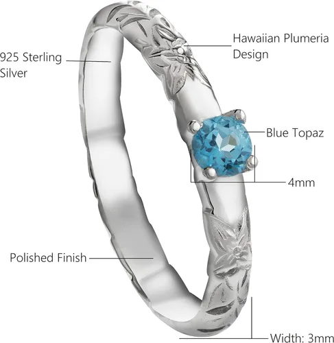 Miniatura 4 de Anillo apilable de plata de ley 925 con diseño de flor de plumeria, diseño hawaiano, topacio y ópalo, diamante de moissanita D VVS1, sin níquel
