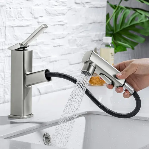 Miniatura 10 de HANLIAN Grifo extraíble de baño de un solo orificio con boquilla giratoria, grifo de una manija para lavabo de baño, grifo de baño moderno con Cromo