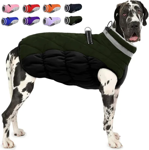 Miniatura 12 de AOFITEE Abrigo para perro, chaquetas cálidas para perros grandes, abrigo reflectante de cuello alto para perros con arnés integrado, impermeable