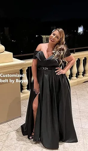 Miniatura 4 de SoDigne Vestidos de graduación con hombros descubiertos y abertura larga para mujer, vestido de fiesta de noche formal de satén con bolsillos