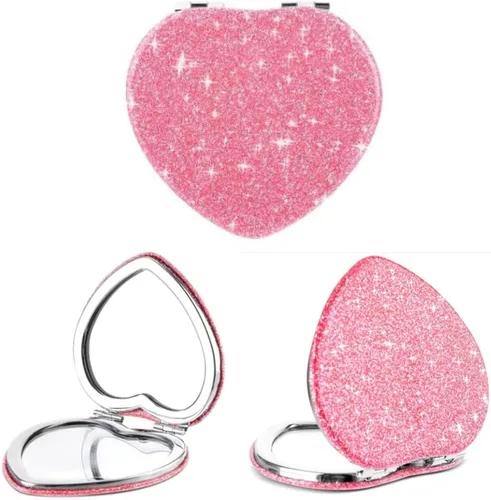 Miniatura 16 de Bonito espejo compacto en forma de corazón para bolso, espejo de viaje negro con purpurina, espejo de bolsillo pequeño de cuero, espejo