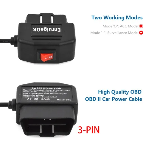 Miniatura 3 de Cable de alimentación OBD2 para cámara de salpicadero 24 horas de vigilancia/modo Acc con botón de interruptor, cable de carga OBDII de 12-26 V a 5