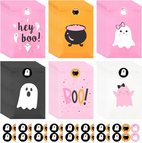 FHzytg 48 bolsas de recuerdo de fiesta de Halloween, bolsas de regalo de dulces fantasmas de Halloween rosas para niñas, decoraciones de cumpleaños