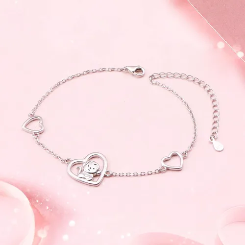 Miniatura 2 de FLYOW Pendientes de tuerca de plata 925 con diseño de corazón de animal con circonita cúbica y mono, collar con dije, regalo de cumpleaños