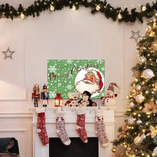 Miniatura 4 de Renditions Galley - Arte de pared de Papá Noel de dibujos animados, fondo de copo de nieve verde y blanco, decoraciones de Navidad lindas y frescas