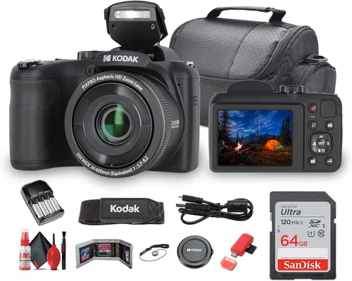Kodak Pixpro AZ255 Cámara digital (AZ255BK) El paquete incluye: tarjeta de memoria de 64 GB, baterías recargables, funda, correa para el cuello,