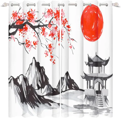 Miniatura 24 de Cortinas japonesas con pintura de tinta, monte Fuji, sol rojo, puesta de sol, hojas de bambú, cortinas de ventana para dormitorio, sala de estar