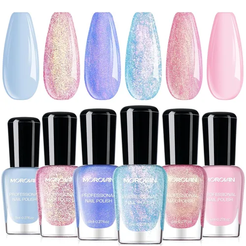 Miniatura 12 de Morovan - Juego de esmalte de uñas camaleón: 6 colores, holográfico, de secado rápido, mini kit de laca de uñas con purpurina verde, rosa, azul