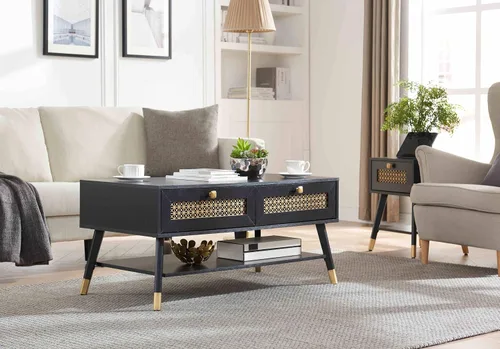 Miniatura 6 de Mesa de centro negra moderna de mediados de siglo con cajones de almacenamiento y estante abierto, mesa rectangular bohemia de madera maciza