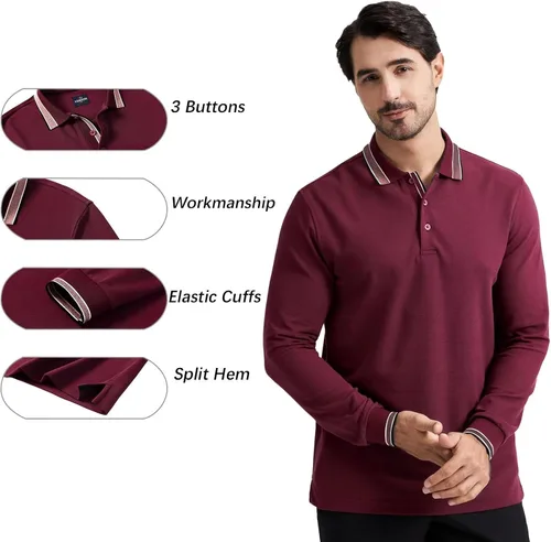 Miniatura 4 de Polo de piqué para hombre, manga larga, con punta de mezcla de algodón, casual, con cuello, ajuste clásico