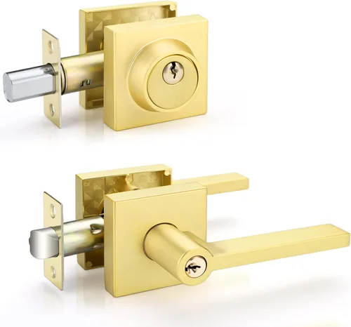 Miniatura 21 de EHOMEWARE Juego de manijas de puerta delantera doradas, palanca de puerta cuadrada resistente de latón y cerrojo de un solo cilindro reversible