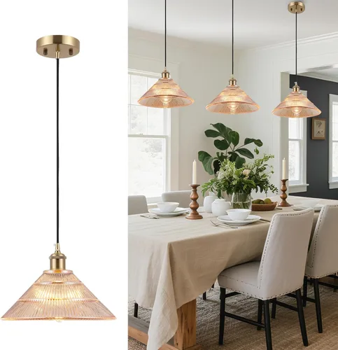Moderna lámpara colgante de isla de cocina de 11.81 pulgadas, pantallas de vidrio a rayas ámbar, latón cepillado, dorado, lámpara colgante grande,
