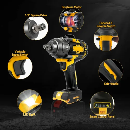 Miniatura 6 de JOJOCY Llave de impacto inalámbrica de 1/2 pulgada, destornillador de impacto sin escobillas de 900 pies (1200 N.m) con velocidad de 4 modos