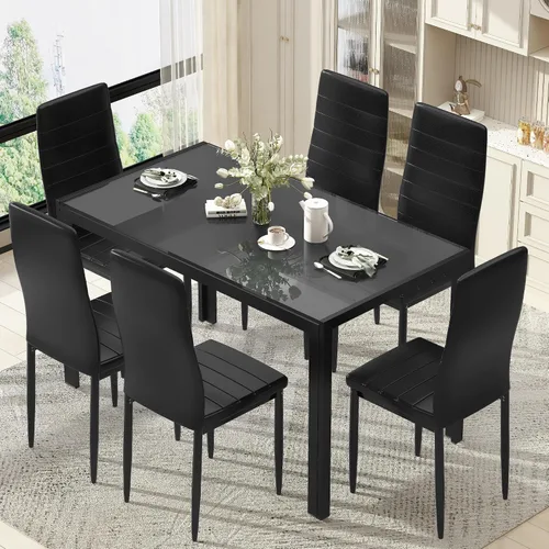 Miniatura 4 de Hooseng Juego de mesa de comedor para 6, mesa de cocina de vidrio templado con 6 sillas de piel sintética, juegos de comedor de 7 piezas
