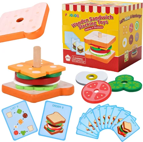 Miniatura 8 de Juguetes Montessori de madera para apilar hamburguesas, juguetes para niños pequeños, educación preescolar, juego de mesa, educación temprana