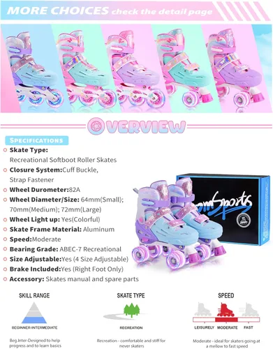 Miniatura 8 de 2PM SPORTS Patines de ruedas para niñas, niños y niños pequeños de 4 a 6, 5 a 8, 6 a 12, 8 a 12 años con ruedas iluminadas, patines ajustables