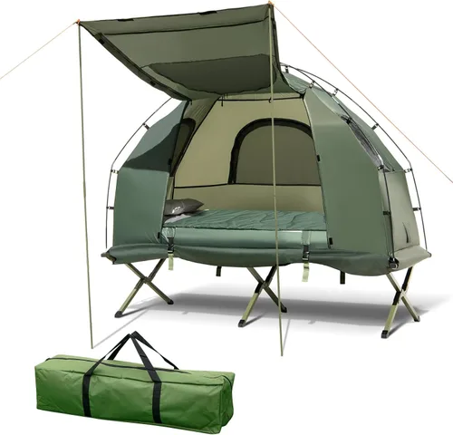 Tangkula Combo de Catre de Tienda 5 en 1 con Toldo, Colchón de Aire, Saco de Dormir, Almohada, Tienda Individual Elevada con Bolsa de Transporte