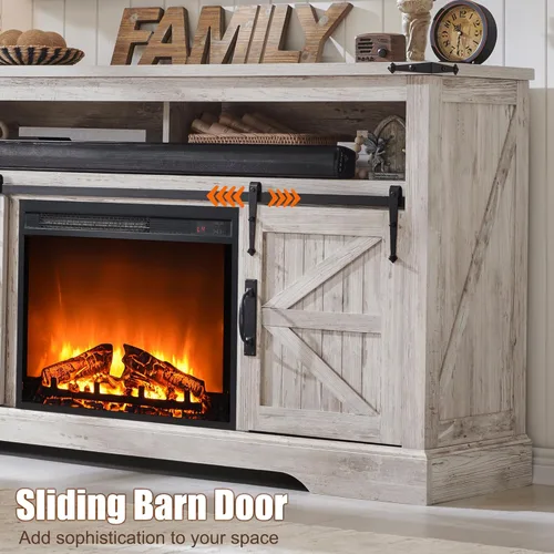 Miniatura 3 de OKD Soporte de TV con chimenea para TV de más de 65 pulgadas, centro de entretenimiento Highboy Farmhouse de 33 pulgadas de alto con chimenea
