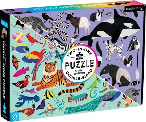 Mudpuppy Animal Kingdom - Rompecabezas de doble cara, 100 piezas, 22 x 16.5 pulgadas, rompecabezas familiar perfecto para mayores de 6 años, con