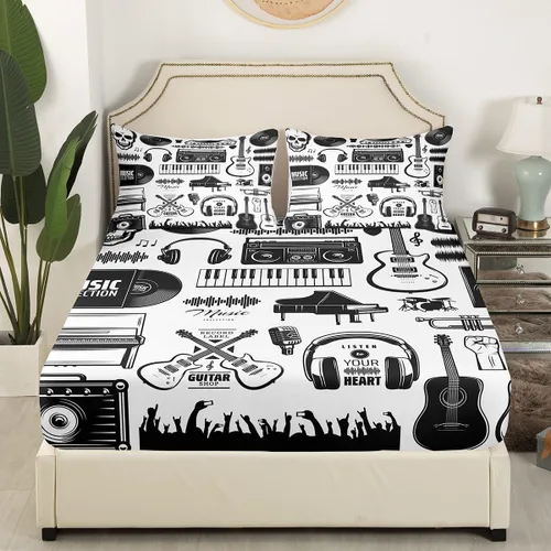 Miniatura 3 de Erosebridal Juego de sábanas tamaño matrimonial de instrumentos musicales, sábanas de piano clásico, juego de cama blanco y negro, juego de sábanas