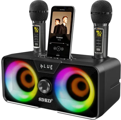 Máquina de karaoke para adultos y niños con 2 micrófonos inalámbricos UHF, sistema de altavoces Bluetooth portátil PA con luces LED de fiesta para