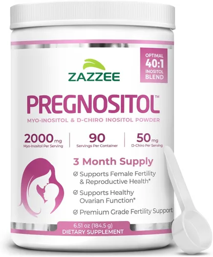 Zazzee PREGNOSITOL en polvo, suministro de 3 meses, mezcla de fertilidad 40:1 de mio-inositol y D-quiro-inositol, cuchara gratuita para dosis