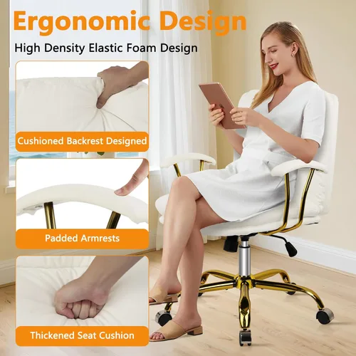 Miniatura 7 de KLASIKA Silla de escritorio de cuero para oficina en casa, silla de tocador de respaldo medio, silla de maquillaje con ruedas doradas y reposabrazos